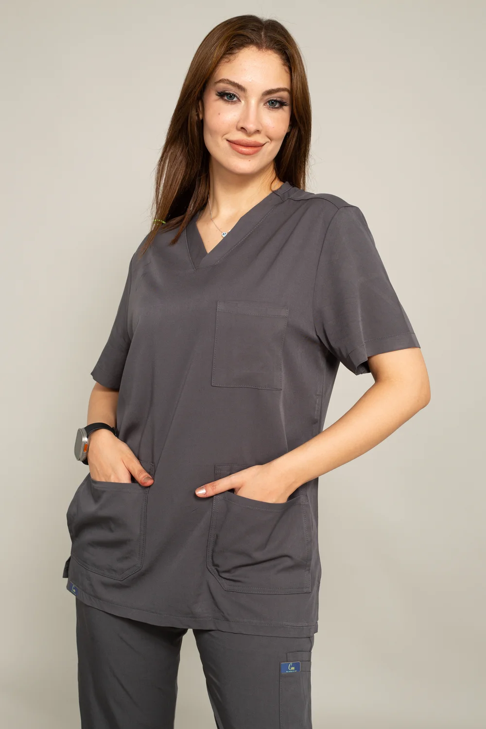 unisex medical scrub set with a v neck line top and a straight pants - color dark grey