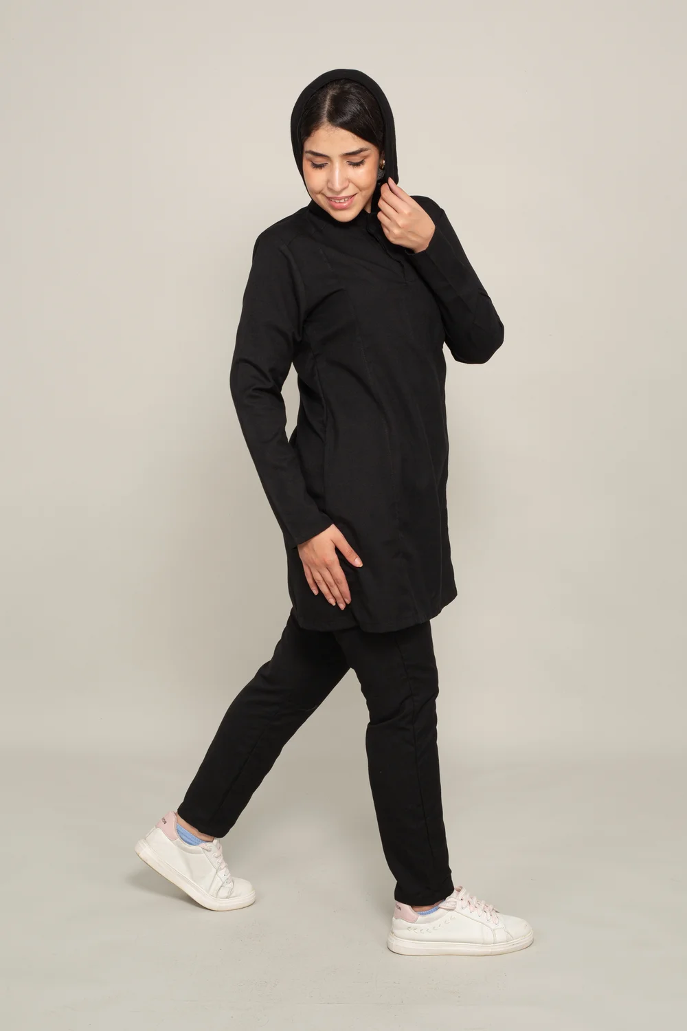 medical scrub set designed for female to be modest with a Half collar top and a straight pants - color black