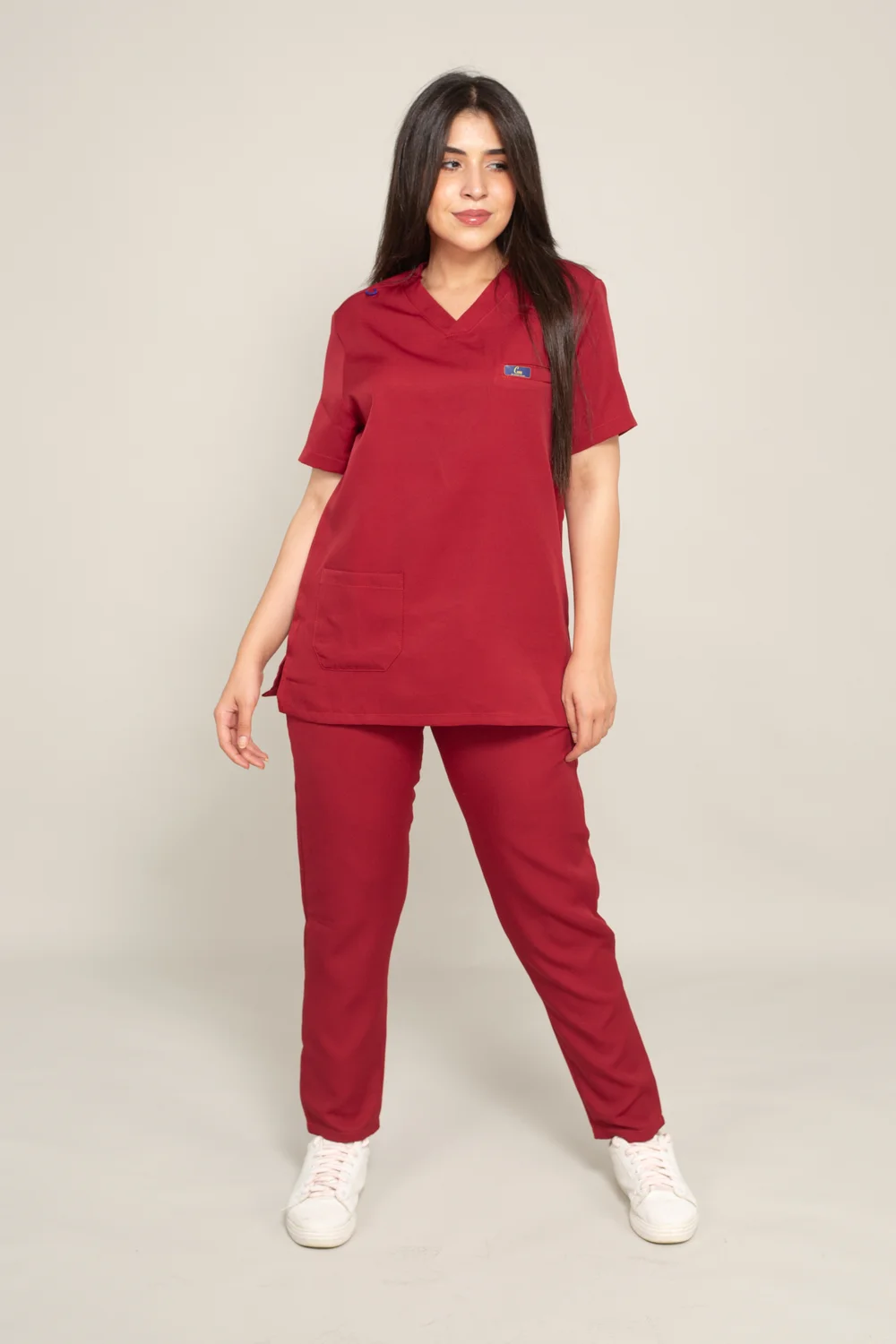 unisex elite medical scrub set with a v neck line top and a straight pants - lycra spandex - color burgundy